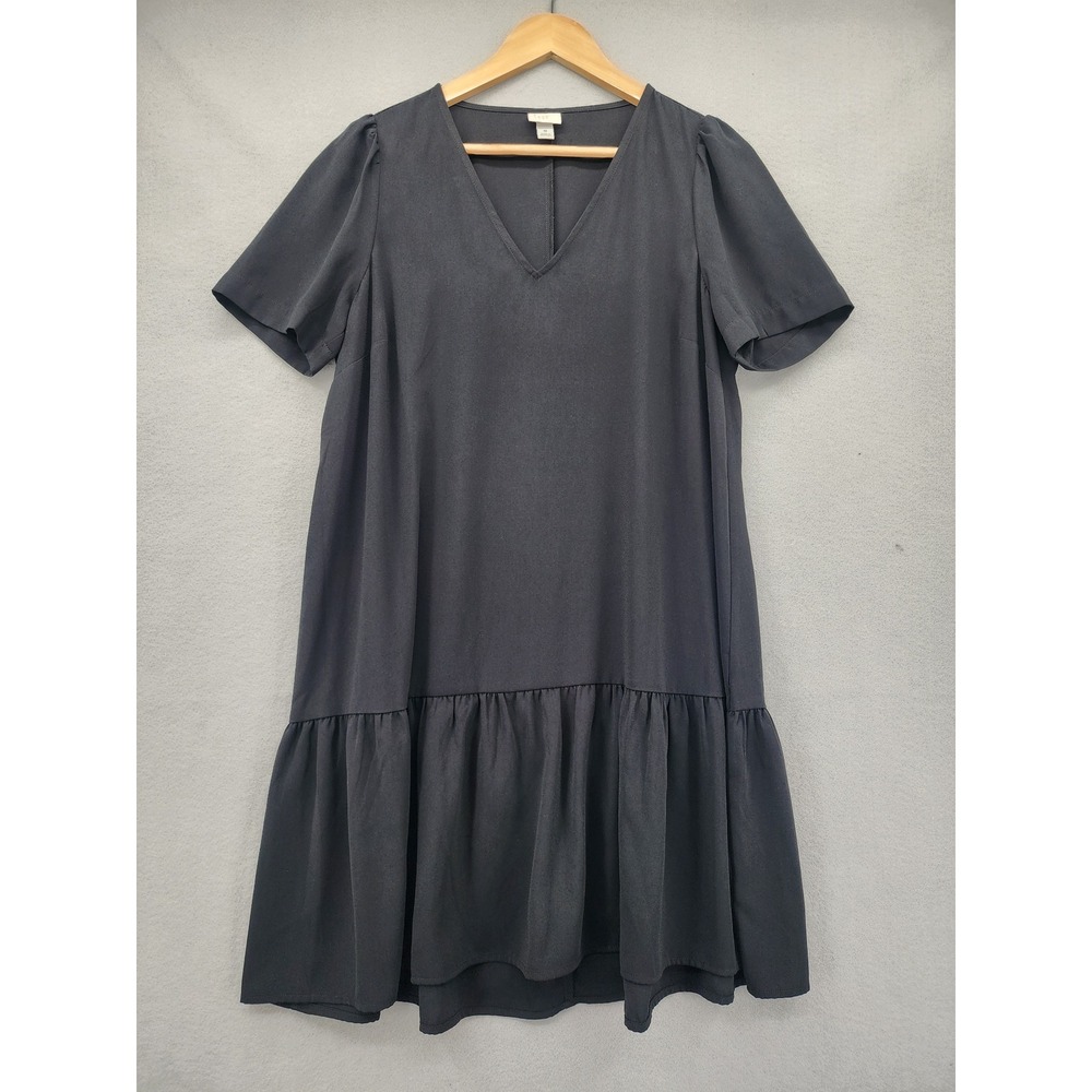 A New Day Black Babydoll Dress V-Neck Ruffle Hem Puff Sleeve Shift Mini Medium‎